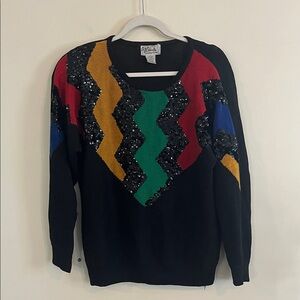 Vintage All Points Sequin 90s Geometric Sweater Primary Funky Unique Zig Zag 80s